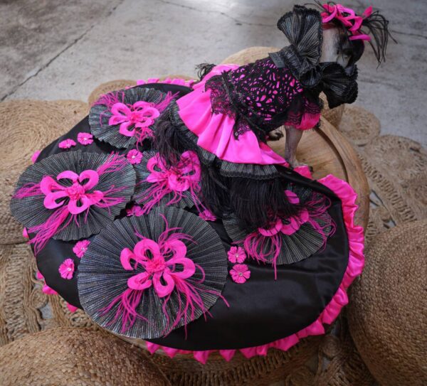Decorative dress with pink and black details.