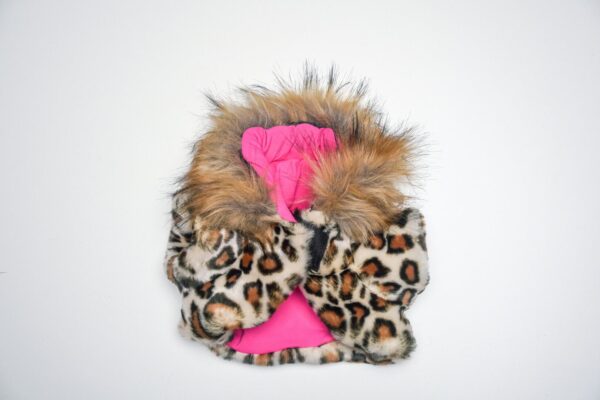 Leopard print jacket with pink lining.