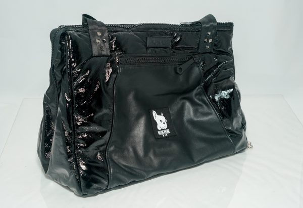 Black handbag with logo detailing.