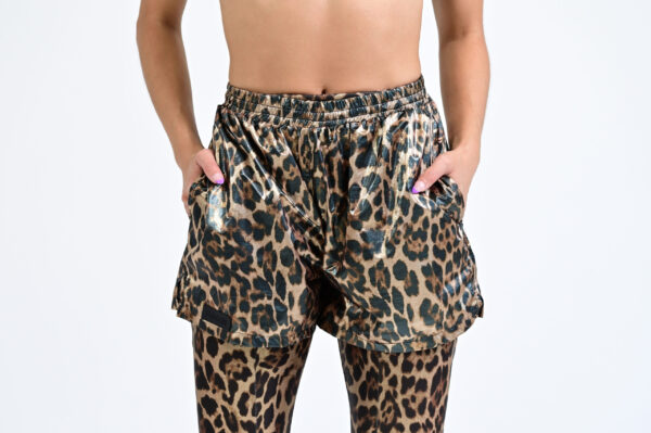 Leopard print athletic shorts and leggings outfit.