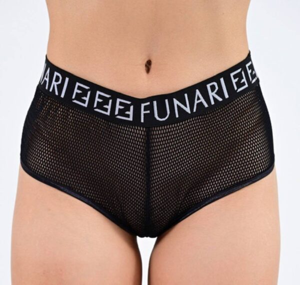 Black mesh high-waisted underwear with logo.
