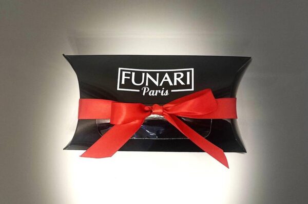 Black gift box with red ribbon.